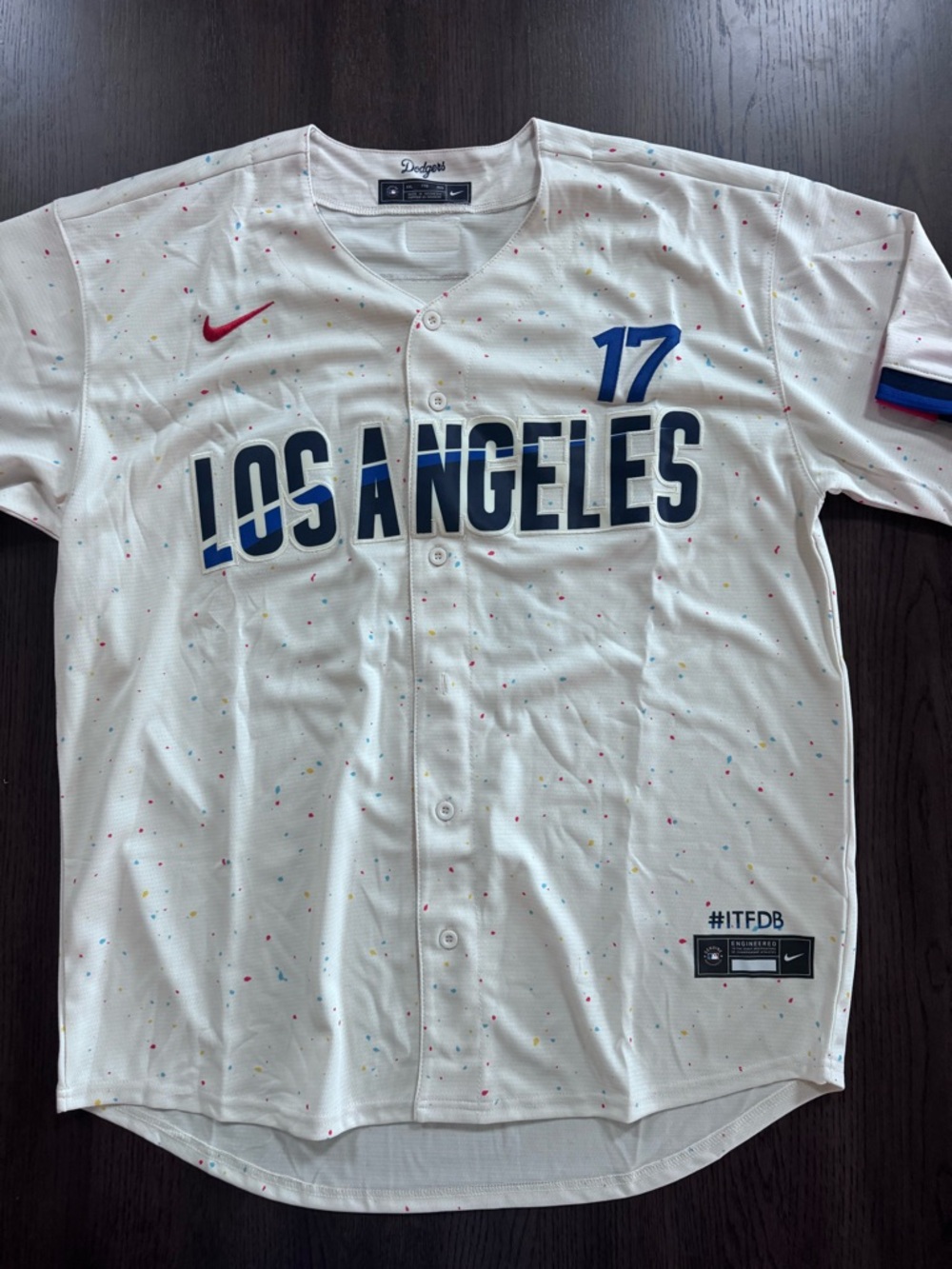 NEW XXL Nike White LA Dodgers Baseball Jersey with Multicolor Speckle - Ohtani